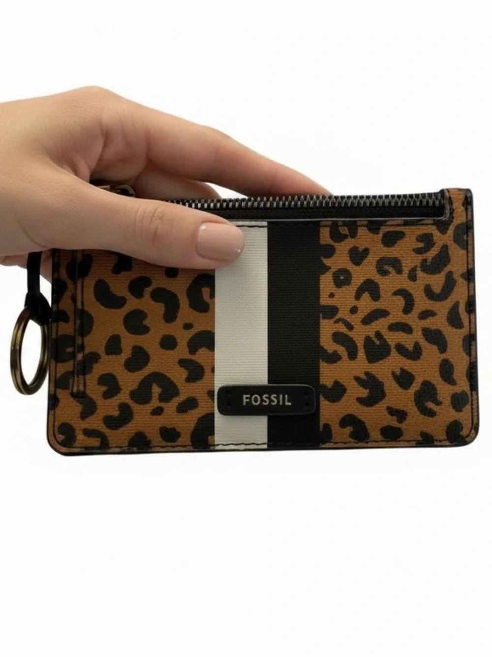 Fossil Leopard Black White Stripe Zip Card Holder Gold Keyring